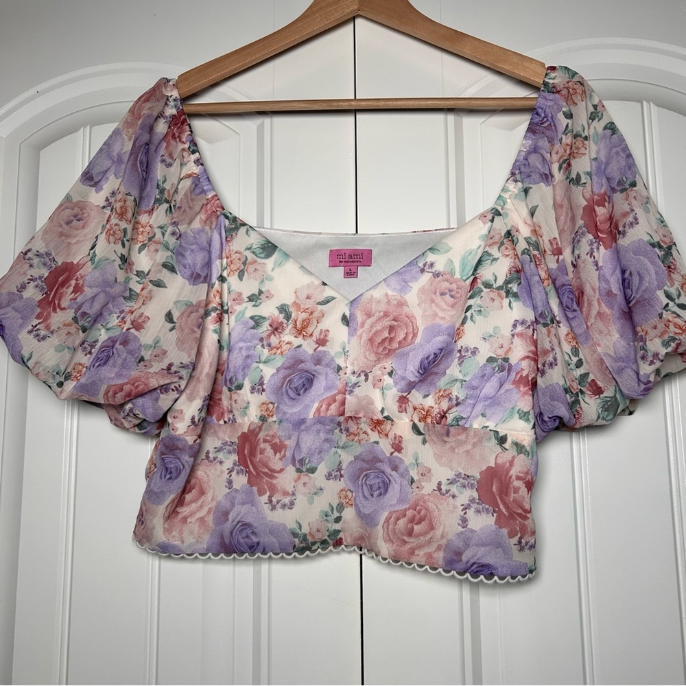 Francesca’s Puff Sleeve Floral Blouse - Pink and Purple Size Large